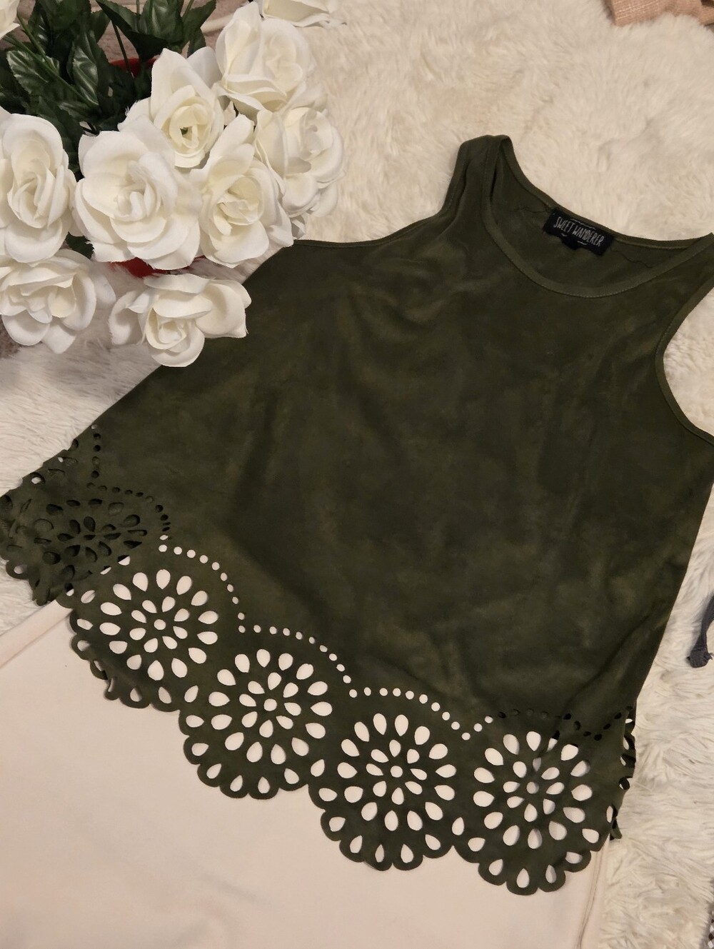 Faux suede army green perforated tank top